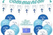 Holy Communion Decorations for Boy, Blue First Holy Communion Decorations Confirmation Decorations, Cross, Pigeon Banner Pennant Bunting, Balloons,Cake Topper for Boys Communion Christening Gift