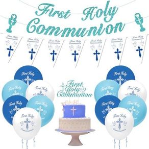 Holy Communion Decorations for Boy, Blue First Holy Communion Decorations Confirmation Decorations, Cross, Pigeon Banner Pennant Bunting, Balloons,Cake Topper for Boys Communion Christening Gift