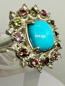 Sleeping Beauty Turquoise, White Zircon Multi-Tourmaline Cosmo Ring