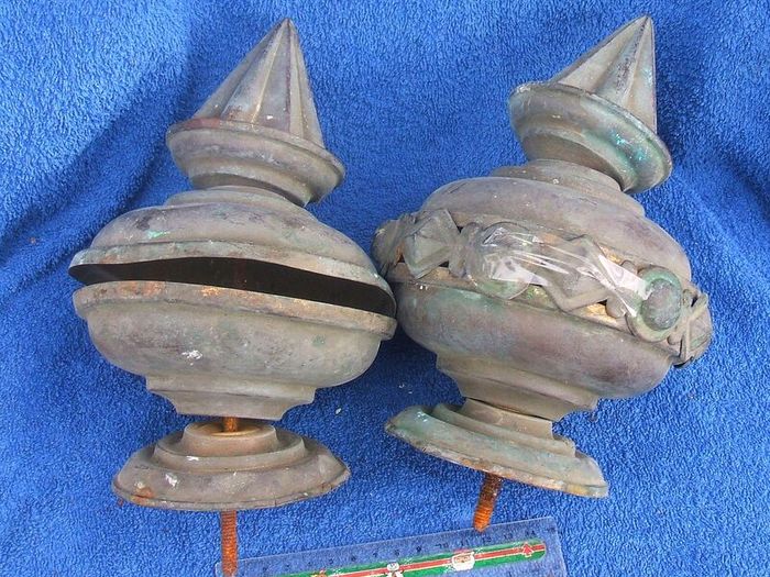 Two antique copper metal finials