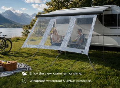 Motorhome & Caravan Panorama Privacy Wall Waterproof Awning Front Wall with 3 Panoramic Windows, UV50+ Weather Protection