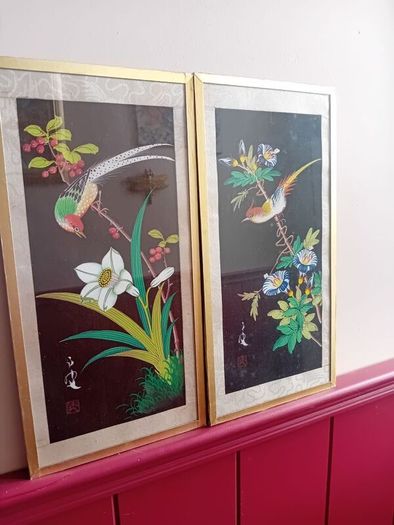 A Pair of mid century painted silk panels