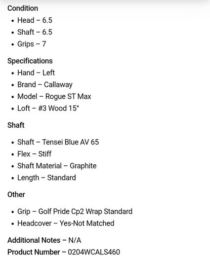 Callaway Rogue ST Max #3 Wood 15 Degree / Tensei Blue AV 65 Stiff / Left Hand