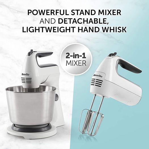 Classic Combo Stand and Hand Mixer | Electric Hand Whisk and Stand Food Mixer | 3.7 Litre Stainless Steel Bowl | Swivel Control, Whisk, Dough Hooks and Beaters (FREE POSTAGE)