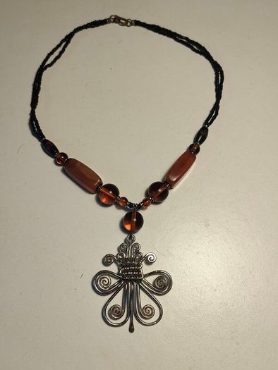 Mid Century Sterling Silver,Amber,Agate and Spinel Necklace