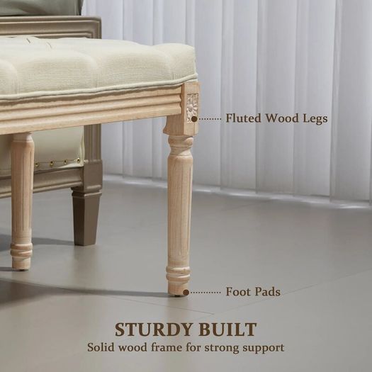 French Style Vintage Wooden Bench, Cream White Tufted Upholstered Seat, Classic Carved Wood Frame for Bedroom, Hallway & Entryway