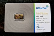 Gold Bar 1 Gram .999 Umicore In Assay Cert