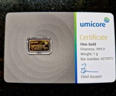 Gold Bar 1 Gram .999 Umicore In Assay Cert