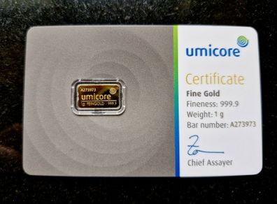 Gold Bar 1 Gram .999 Umicore In Assay Cert
