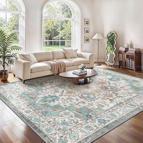 Large Washable Rugs for Living Room 200x290cm, Extra Large Area Rug, Vintage Boho Rugs, Low Pile, Non-Shedding, XXL Carpet, Traditional Oriental Design, Dining Room, Home Office, Bedroom