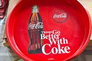 Vintage-style Red Metal Coca-Cola Serving Tray featuring the classic "Things Go Better With Coke" advertising slogan and a contour bottle graphic