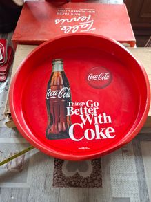 Vintage-style Red Metal Coca-Cola Serving Tray featuring the classic "Things Go Better With Coke" advertising slogan and a contour bottle graphic