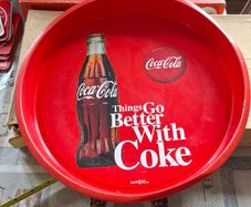 Vintage-style Red Metal Coca-Cola Serving Tray featuring the classic "Things Go Better With Coke" advertising slogan and a contour bottle graphic