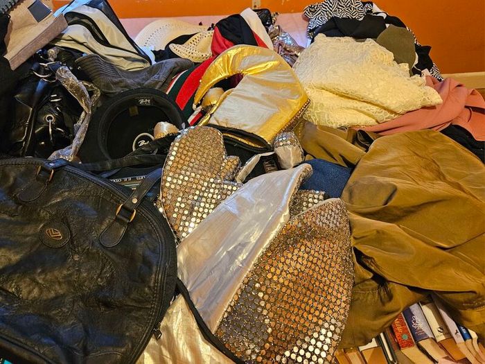 Large Job Lot of Ladies and Mens Clothes Shoes Hats Bags Handbags