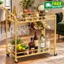Gold Serving Trolley Drinks Bar Cart with Mirrored Shelves Wine Rack Glass Holders and Wheels Image 3