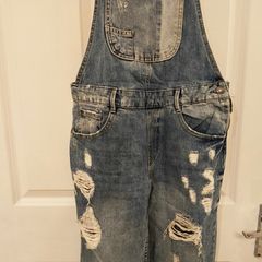 Zara Distressed Denim Dungarees / Overalls, Size XS