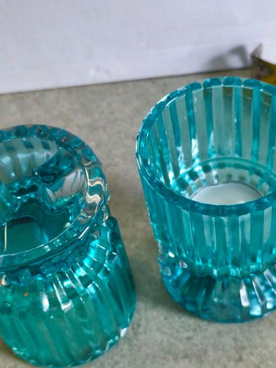 Double Sided Blue Ribbed Candlestick/Tealight Holders- Set of 2.