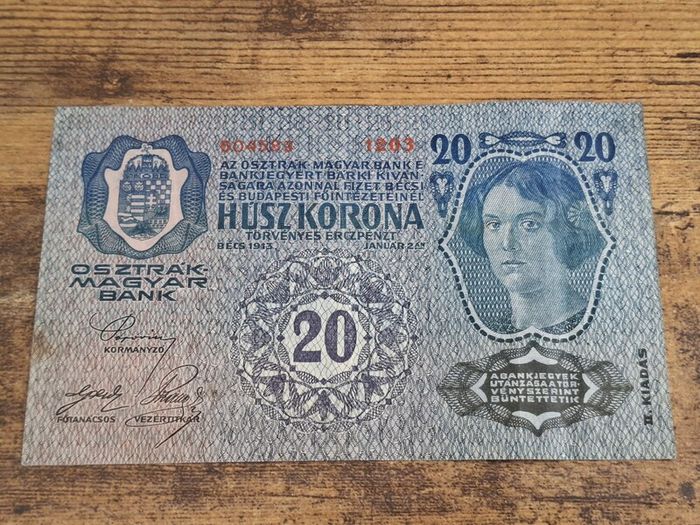 Austria-Hungary, 20 Kronen banknote, 2 January 1913, circulated, with overprint - free standard postage