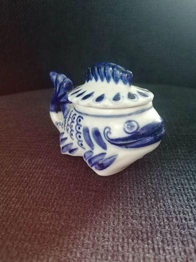 Gzhel Handmade Fish Candy Dish or Trinket Box