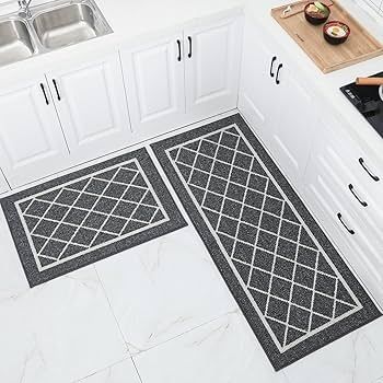 Kitchen-Rugs-Non-Slip-Kitchen-Mats-for-Floor Machine Washable Kitchen Mats 2 Pieces Grey Kitchen Runner Carpet with TPR Backing, Rolled Packaging, 60X89cm+60X152cm