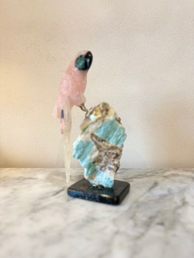 Hand-Carved Rose Quartz Parrot on Raw Amazonite & Crystal Matrix Base