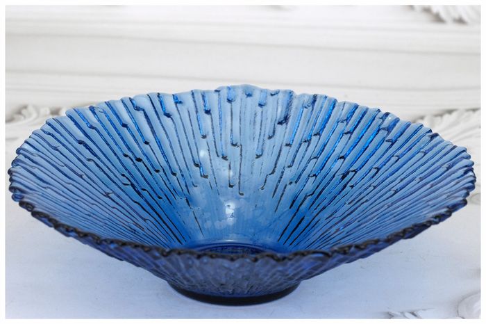 Mid Century Sklo Union Pavel Panek Blue Glass Bowl