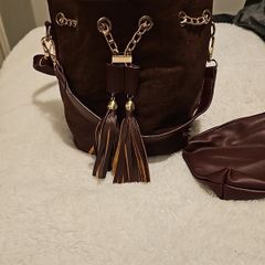 brown faux suede bucket bag& makeup bag