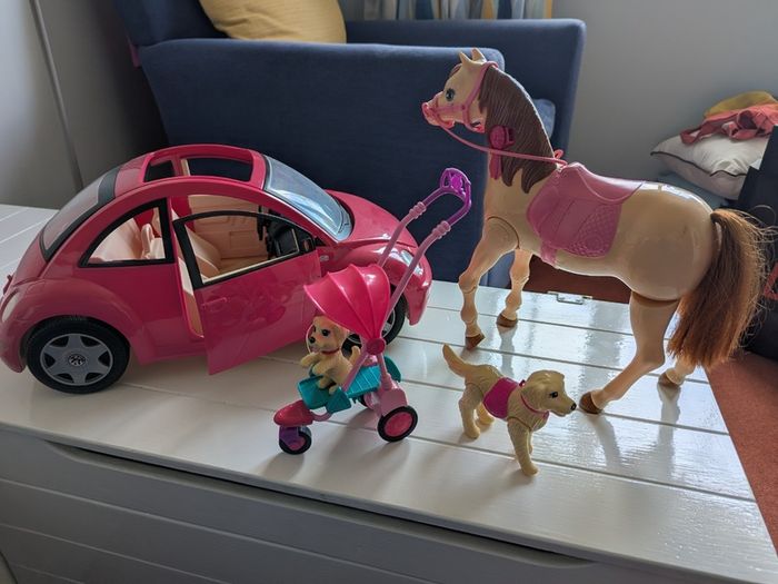 Barbie Accessories, horse, boat, bike car, buggy, dogs...