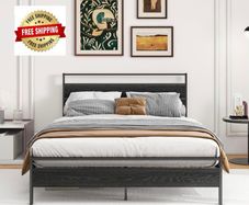 King Size Bed Frame with Wooden Headboard, Metal Bed Frame King size Bed Base/Mattress Foundation,Metal Slat Support Noise Free,Textured Black
