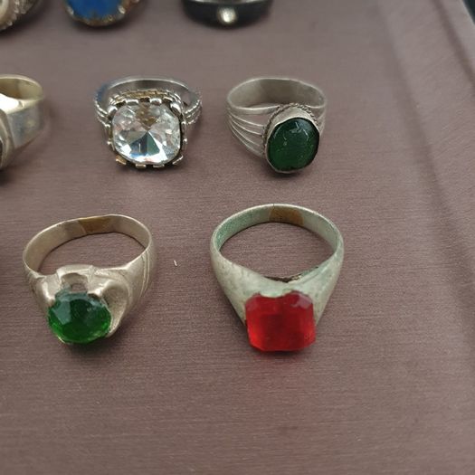 15 Antique Style Brass Rings Mixed Glass & Stone Ring Collection