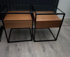 Scandinavian metal frame side tables with drawer - walnut