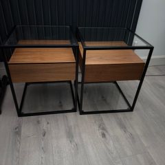 Scandinavian metal frame side tables with drawer - walnut