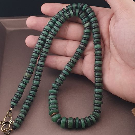 Vintage Tire Shape Jade & Bone Beads Necklace 24 inches