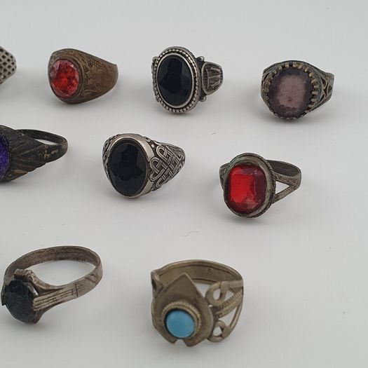 Antique Ring Lot of 15 Rustic Brass & Glass Jewellery