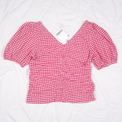 Ganni Red Pink White Gingham Check Ruched Tube Top 20UK/48EU