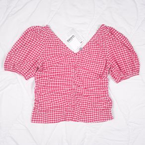 Ganni Red Pink White Gingham Check Ruched Tube Top 20UK/48EU