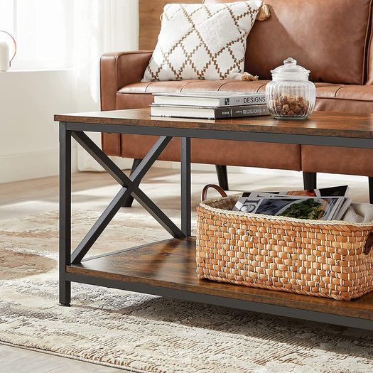 _Coffee Table with X-Shaped Struts, Steel Frame and Shelves, 100 x 55 x 45 cm, Industrial Design, Country House Style, Vintage Brown / Black
