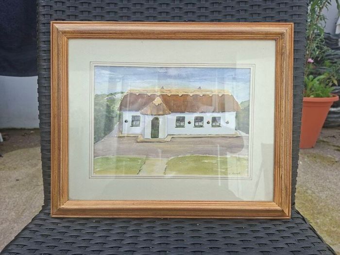 Lovely Traditional Irish thatched cottage framed & signed Watercolour Painting