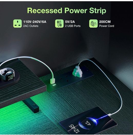 L Shaped Gaming Desk with LED Lights, 100 x 70 cm Computer Desk with Power Outlet