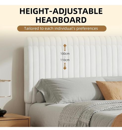Single Bed Frame, 90 x 190 cm, Upholstered Bed with Velvet Headboard, Adjustable Height, Wooden Slat Support, No Box Spring Needed, White