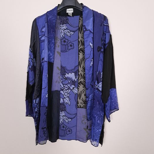 Chico's Blue & Black Patchwork Floral Print Silk Sheer Open-Front Kimono Duster 10-14UK/38-42EU