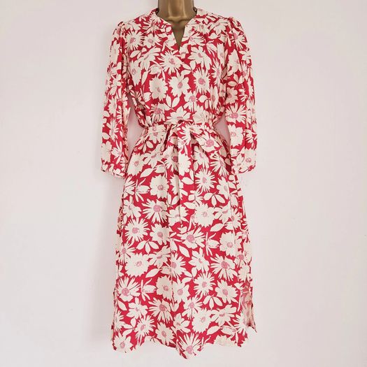 Wallis Floral Print Crepe Pink Red White Midi Tea Dress