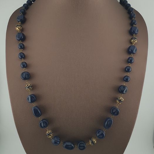 Antique African Style Cobalt Blue Glass & Brass Beads Long Necklace