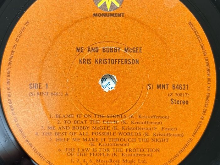Kris Kristofferson - Me and Bobby McGee. UK 1971 first pressing. Great condition. Bargain!
