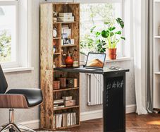 Folding Desk with Blackboard Multi-function Computer Office Workstation Side Shelf for Home Office, Rustic Brown
