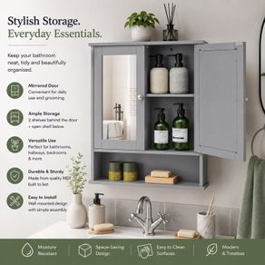 Bathroom Cabinet Mirror Double Door  Oak, Grey, White