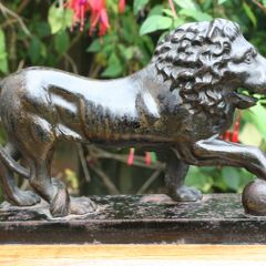 Antique Cast Iron Lion Figurine on Wooden Base