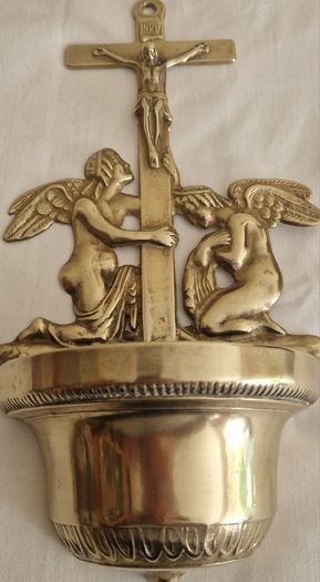 Antique  Brass Angel Holy Water Font Religious Wall Art