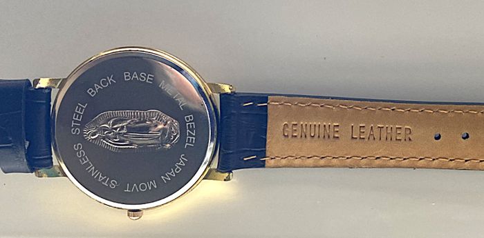 Lady of Guadalupe watch with black leather strap