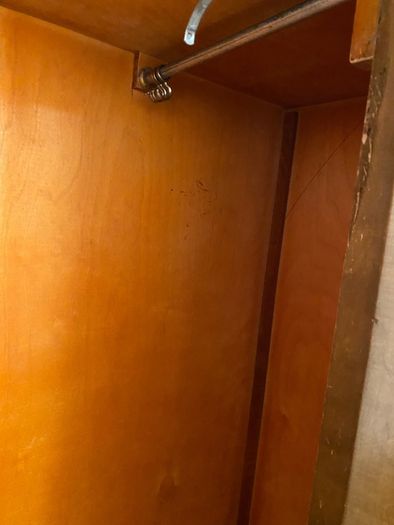 Mid century dressing table, ladies wardrobe, gents wardrobe and double bed.